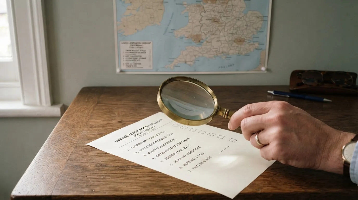 A magnifying glass held over a printed gambling licence certificate on a desk, with a UK map faintly visible in the background