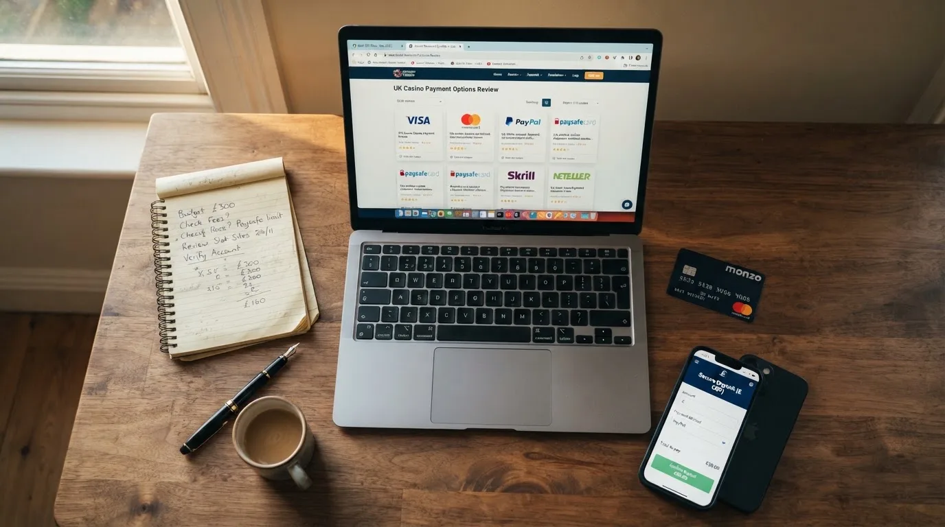 A laptop on a home desk showing a UK online casino comparison page open beside a notepad, with a desk with a debit card, a phone and a laptop showing a deposit form visible in a browser tab list