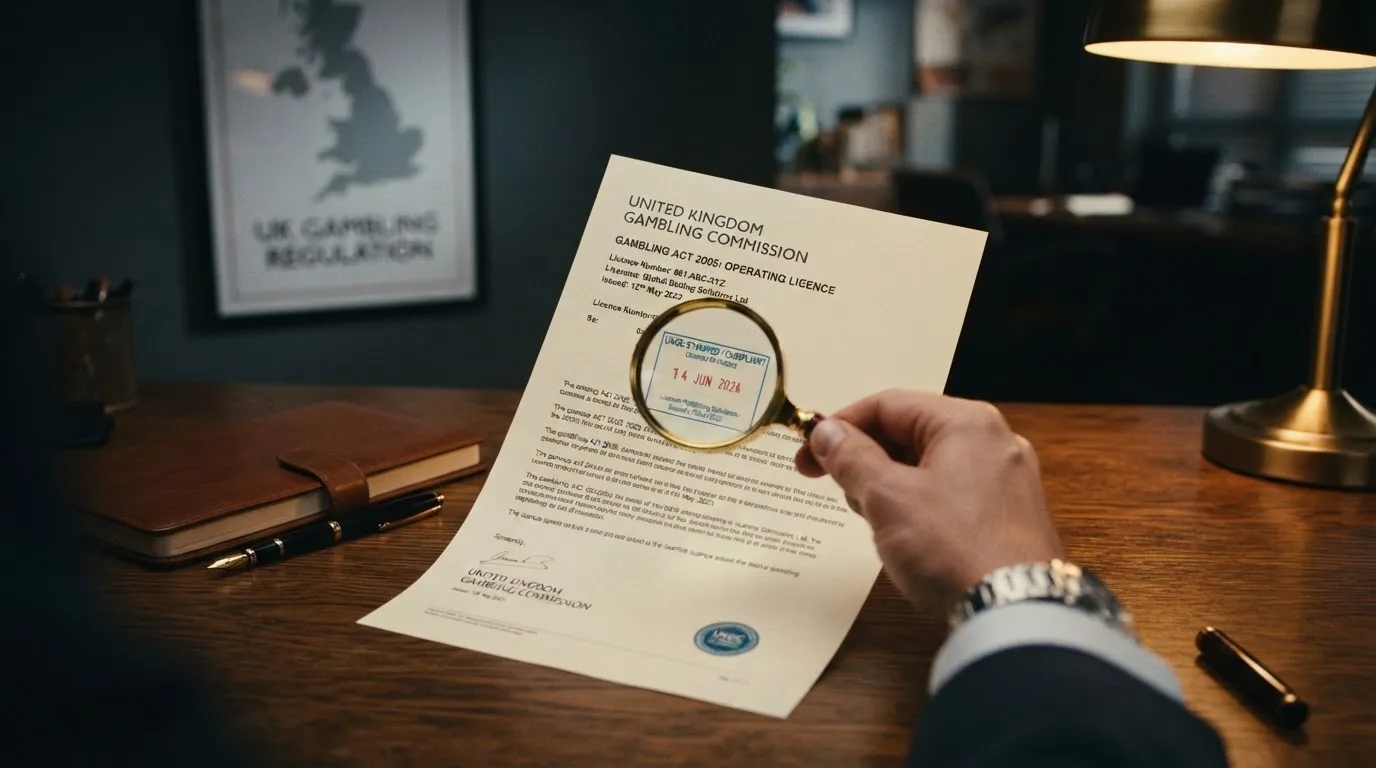 A magnifying glass held over a printed gambling licence certificate on a desk, with a UK map faintly visible in the background
