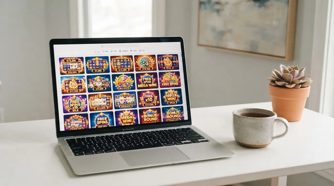 A laptop on a desk displaying a grid of slot game thumbnails in a casino lobby.