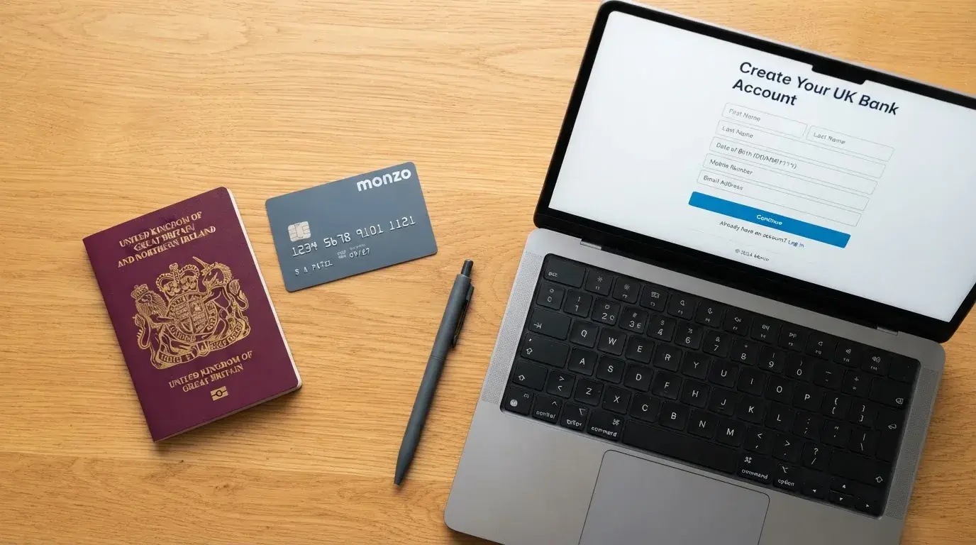 A UK passport and a bank card resting beside a laptop showing an account sign-up screen.