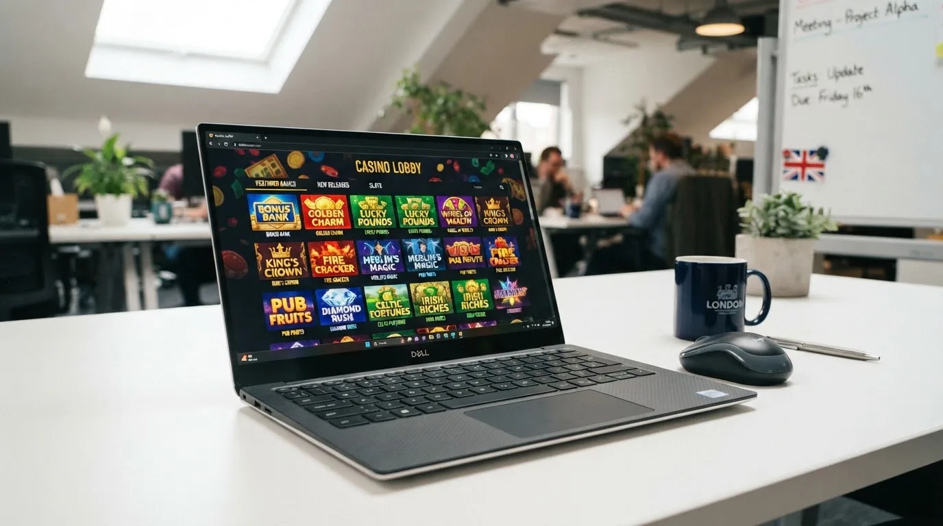 A laptop on a desk displaying a grid of slot game thumbnails in a casino lobby.