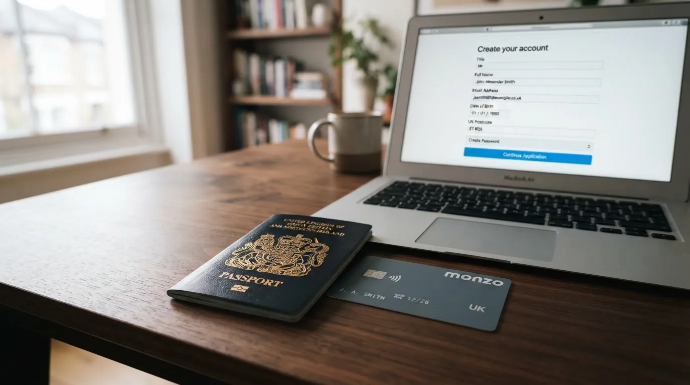 A UK passport and a bank card resting beside a laptop showing an account sign-up screen.