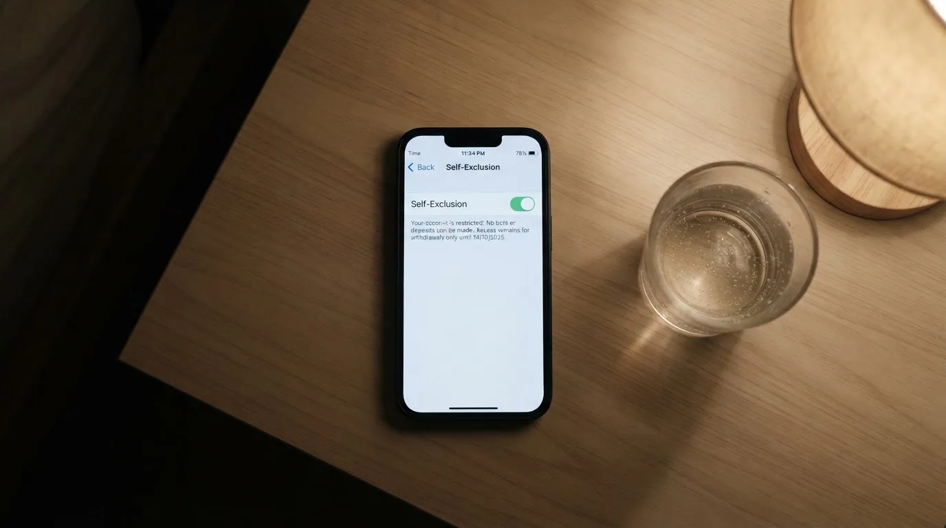 A phone displaying a self-exclusion settings screen next to a glass of water on a bedside table.