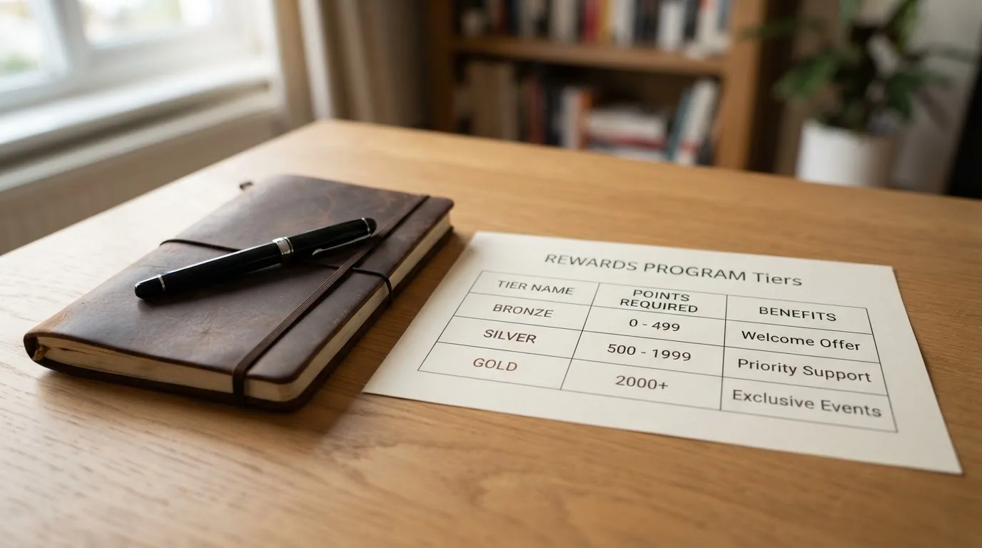 A desk with a printed loyalty-tier chart, a fountain pen, and a closed leather notebook.