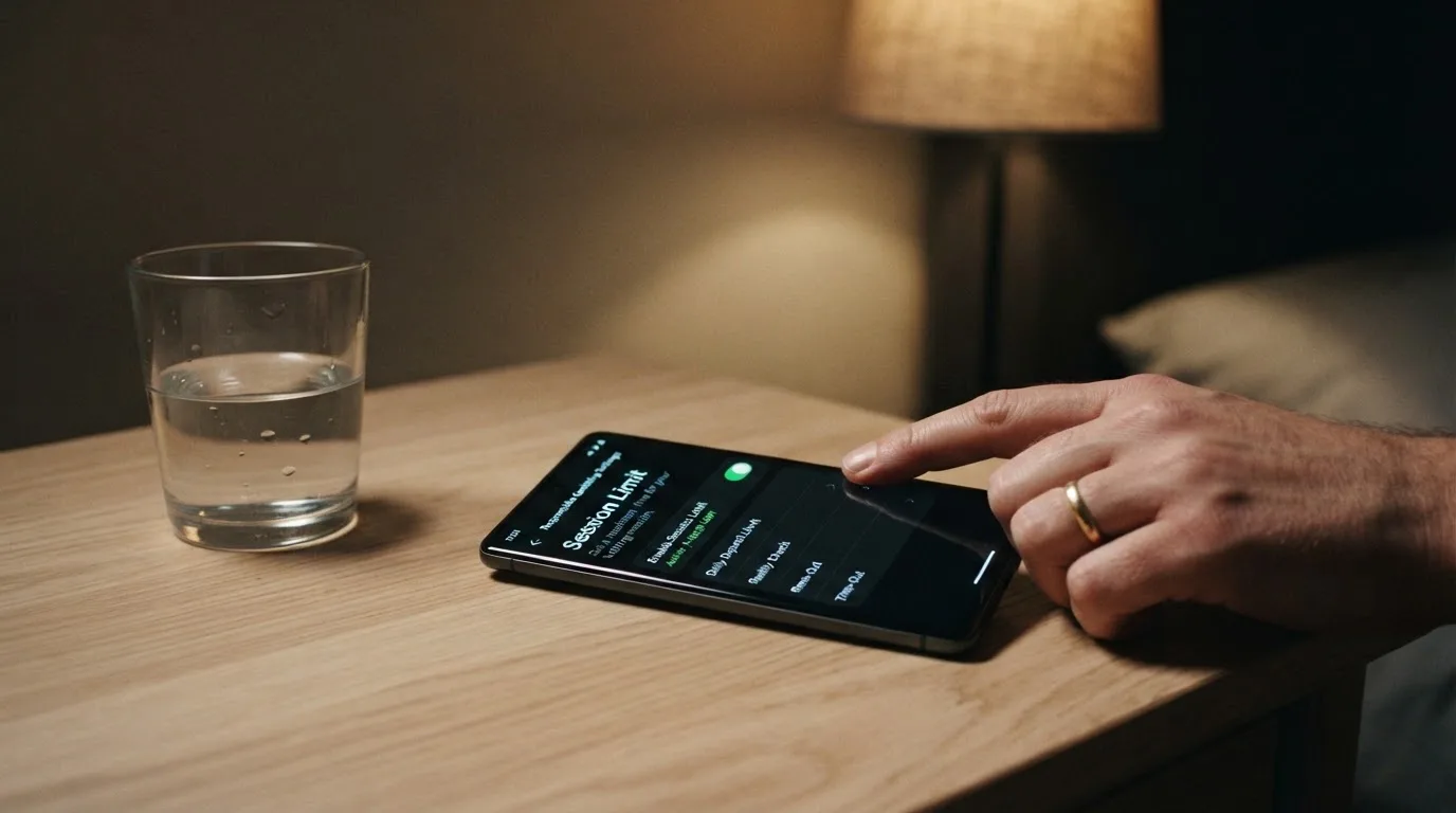 A phone displaying a self-exclusion settings screen next to a glass of water on a bedside table.