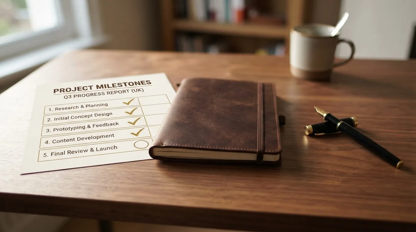 A desk with a printed loyalty-tier chart, a fountain pen, and a closed leather notebook.