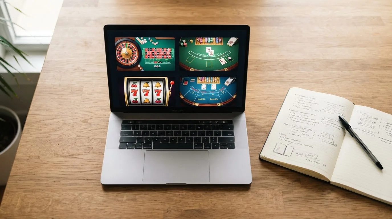 A laptop screen showing a comparison table of casino games, next to a notebook with handwritten notes and a pen.